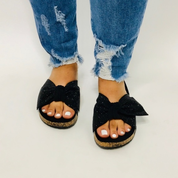 Embellished Bow Cork Slides in Black - Picture 4 of 6